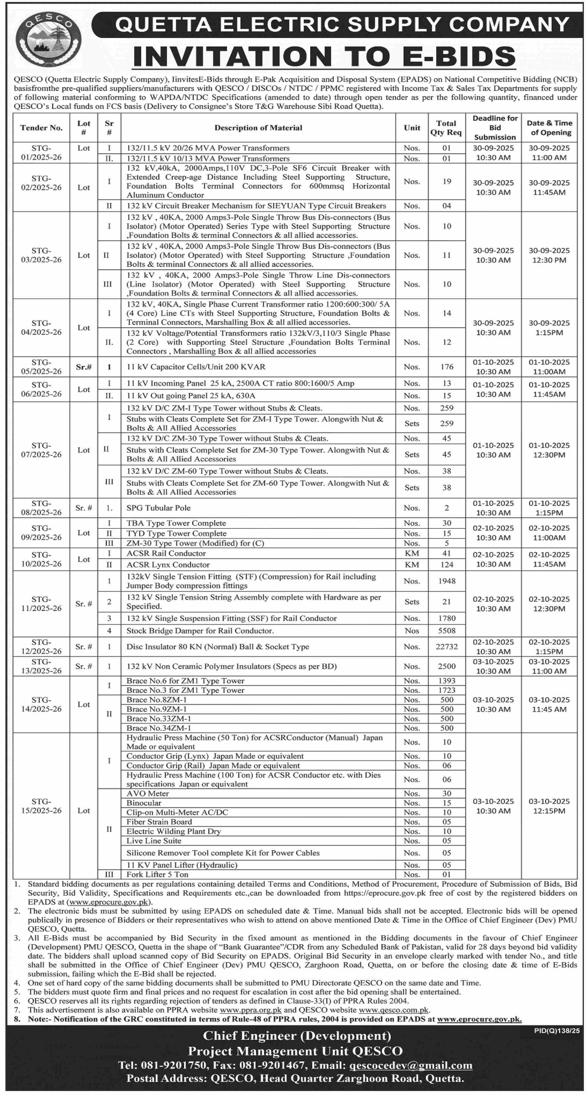 Quetta Electric Supply Company Tender Notice